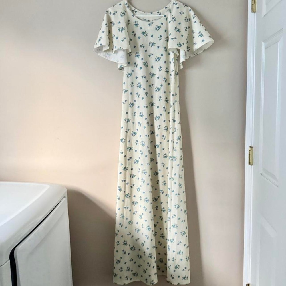 Vintage 70s Ditsy Floral Maxi Dress Flutter Sleeve Prairie Blue Cream Coquette